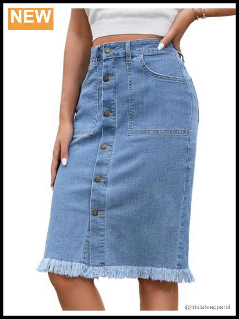 Mid Rise Button Down Frayed Raw Hem Denim Pencil Midi Skirt